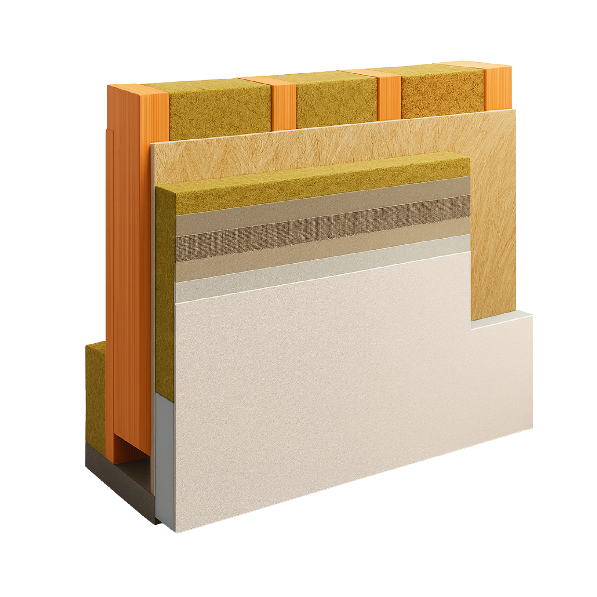 Muestra de pared por capas: montantes de madera, aislamiento, tablero y revestimiento exterior armado con malla