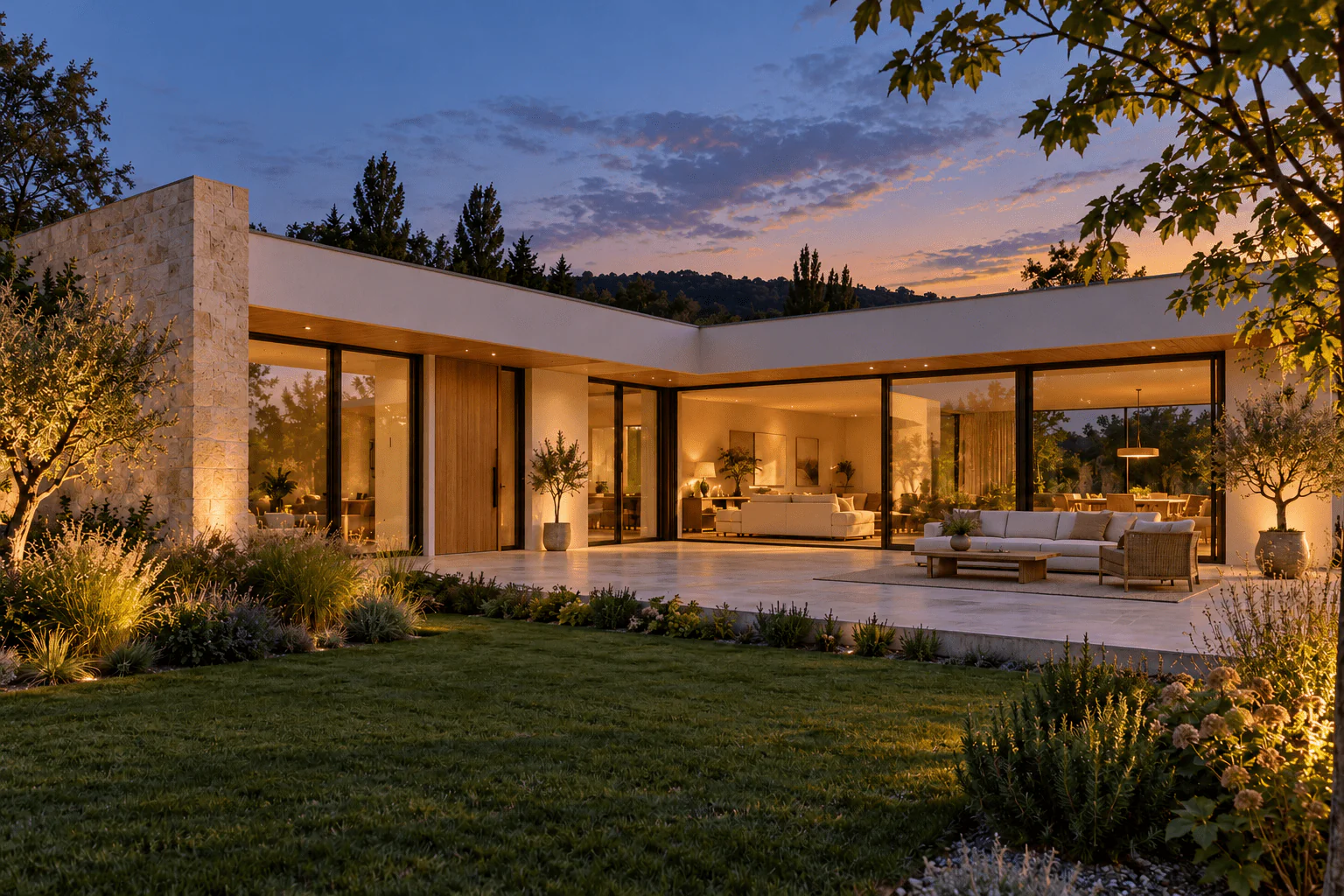 Imagen de inspiración de una vivienda terminada al anochecer, con iluminación cálida