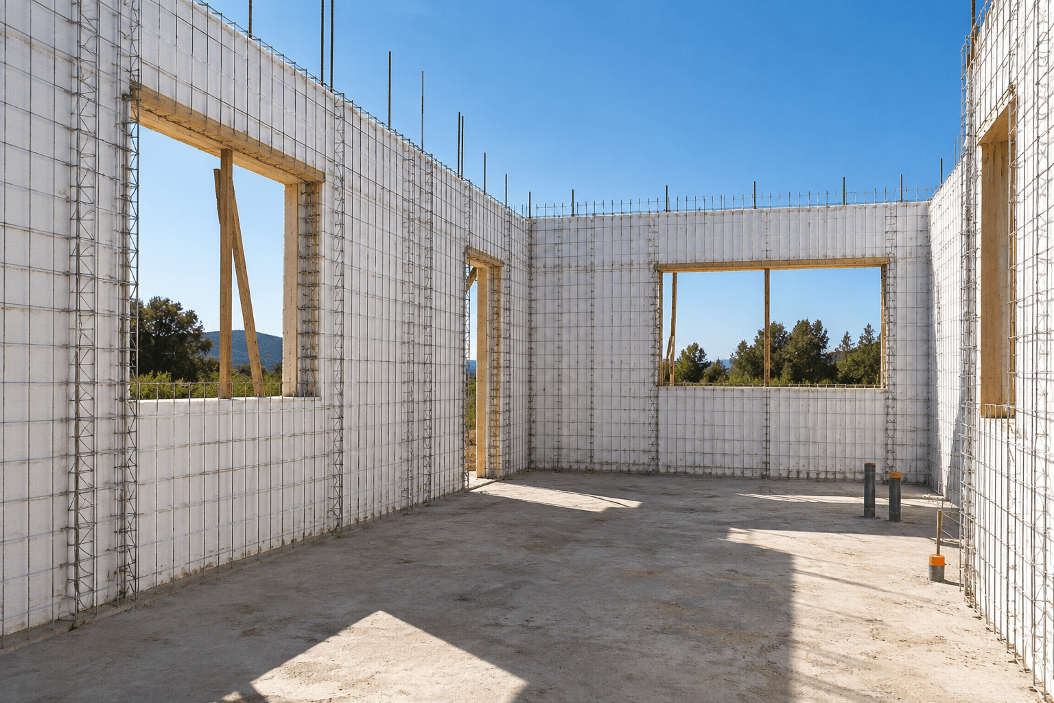 Referencia ilustrativa de muros de encofrado aislante montados en obra con huecos de ventanas