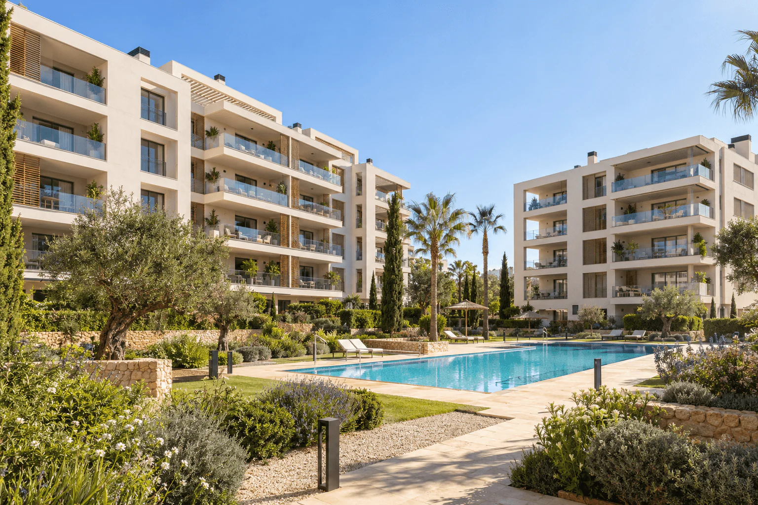 Inspiración de promoción residencial con edificios, terrazas, jardines y piscina