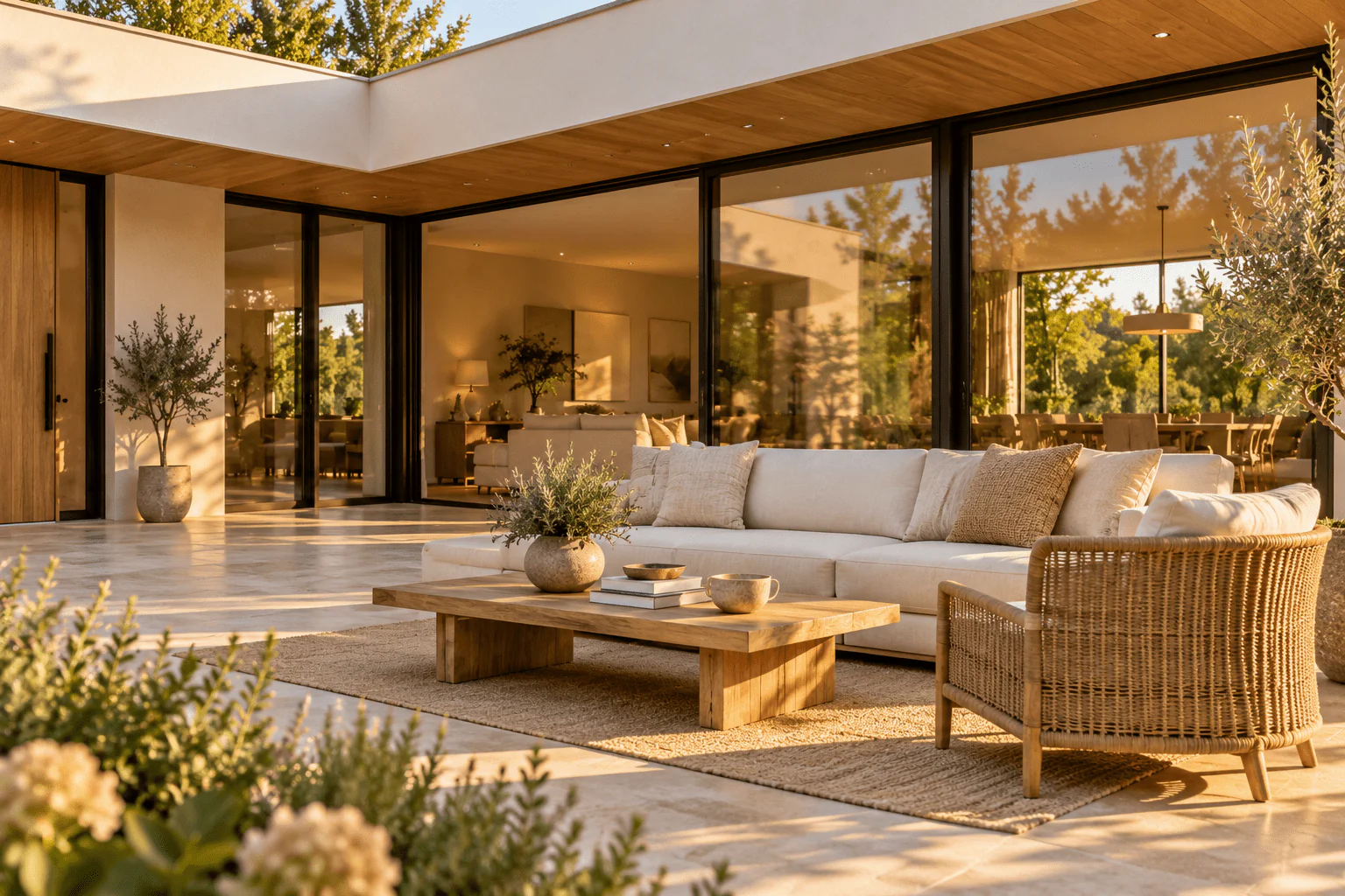 Zona de estar exterior con sofá y mesa bajo un porche junto a grandes ventanales