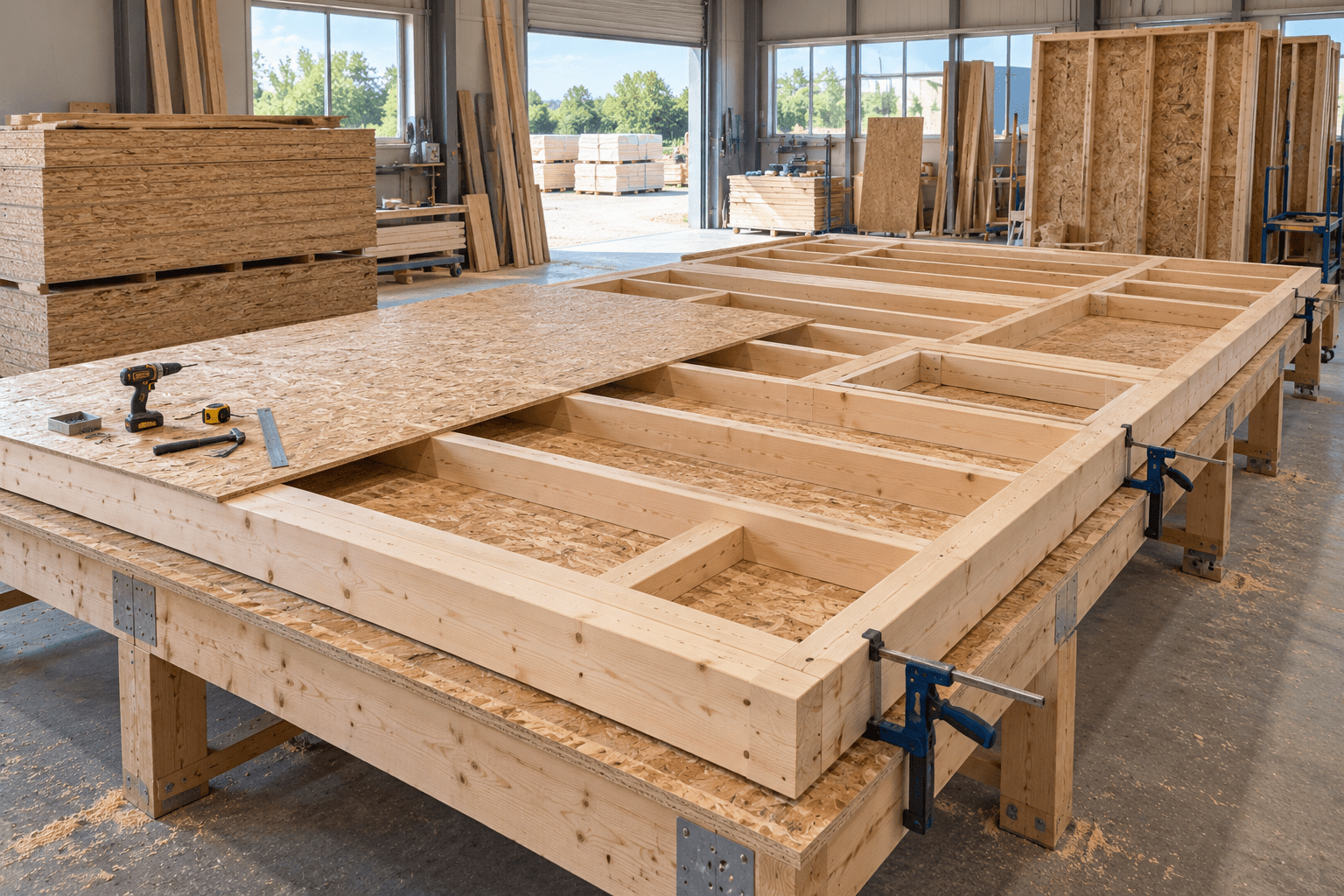 Imagen ilustrativa de preparación de paneles de entramado de madera en taller