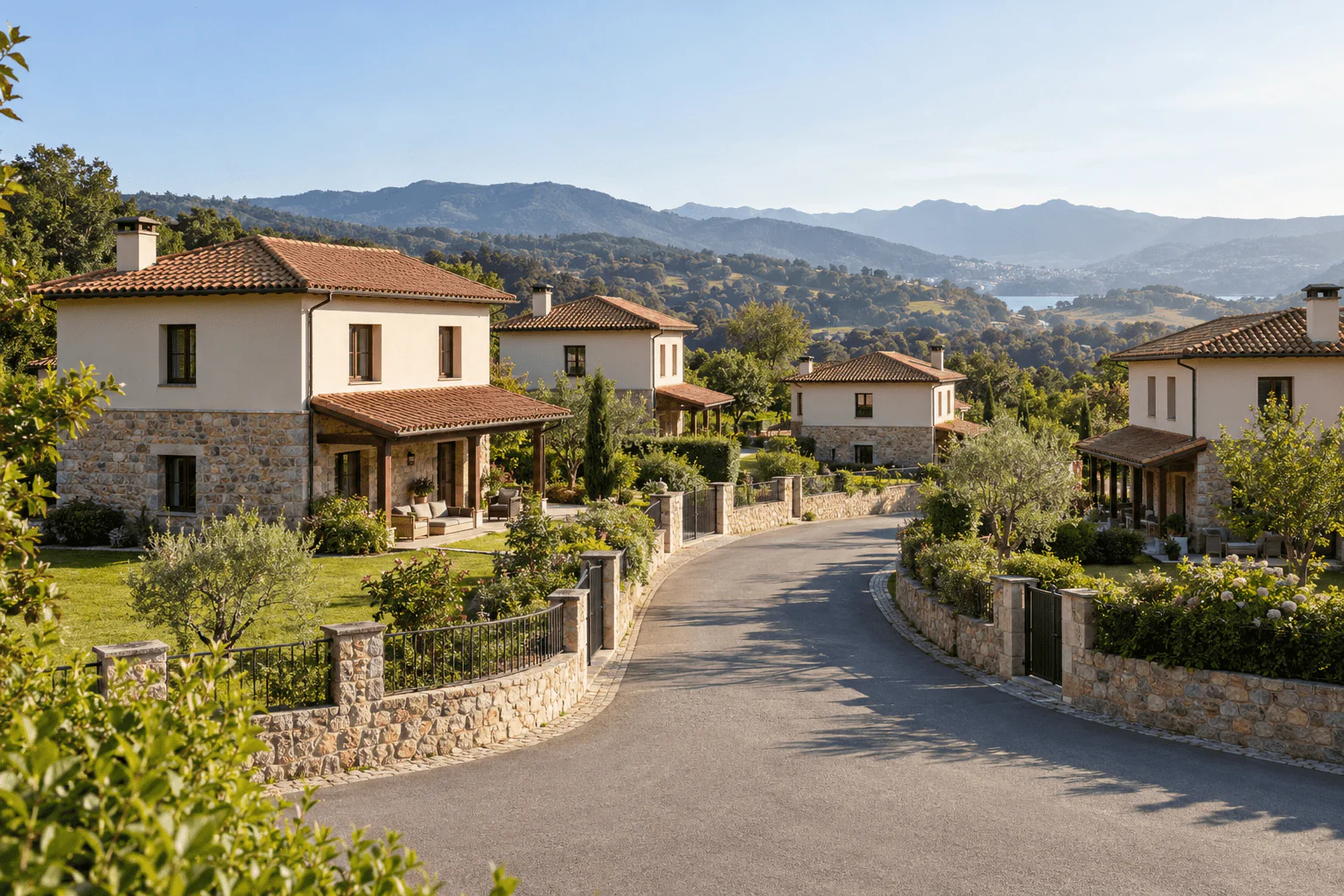 Inspiración de promoción de chalets con piedra, cubiertas de teja y jardines privados