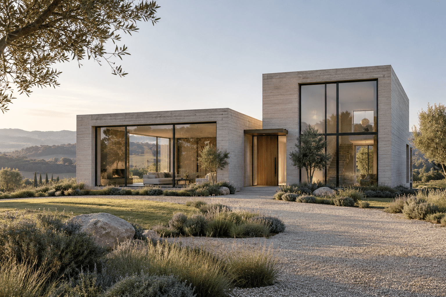 Referencia de arquitectura contemporánea con volúmenes de hormigón y grandes huecos