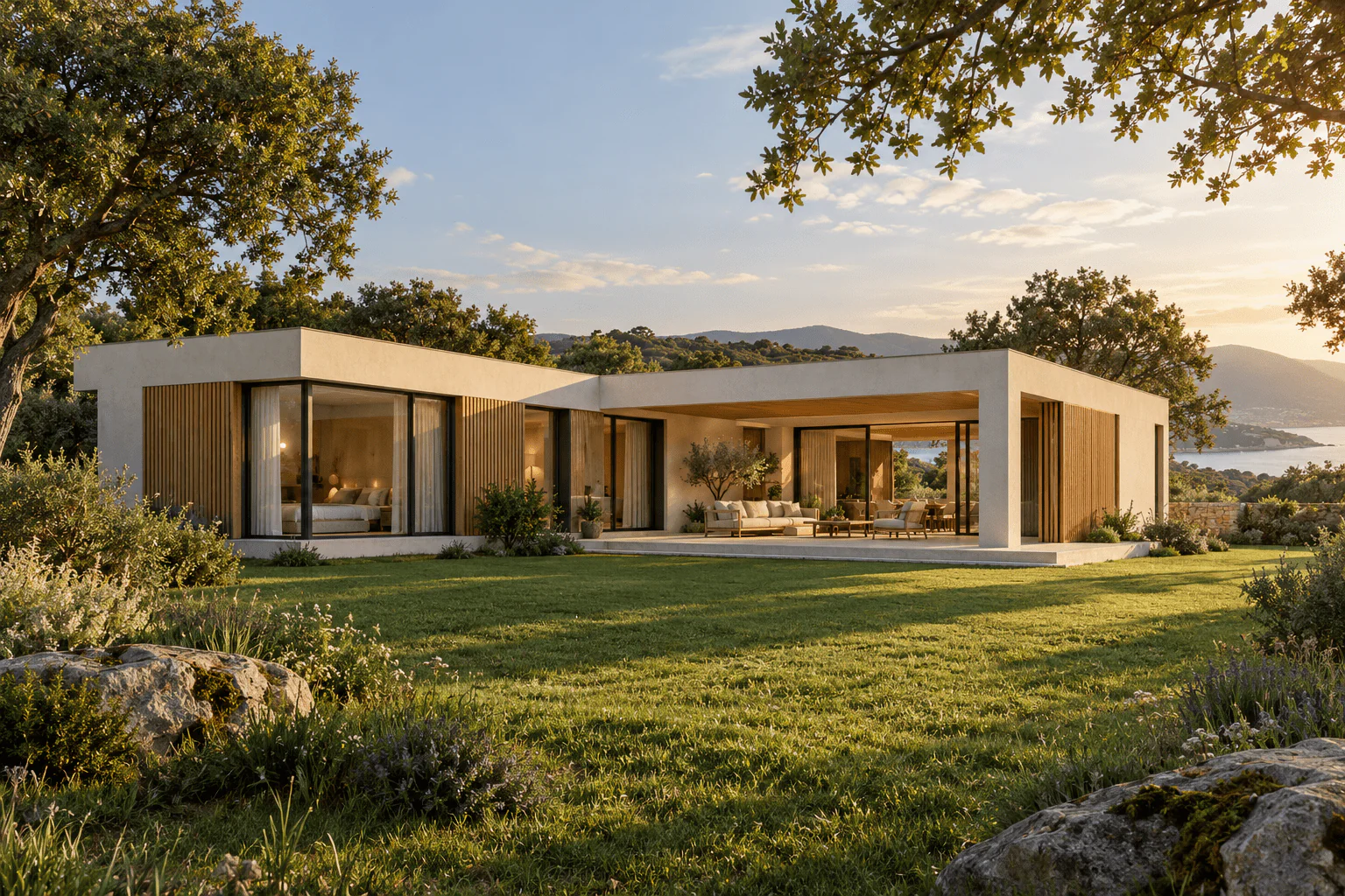 Vivienda de una planta abierta al jardín, con porche y grandes ventanales