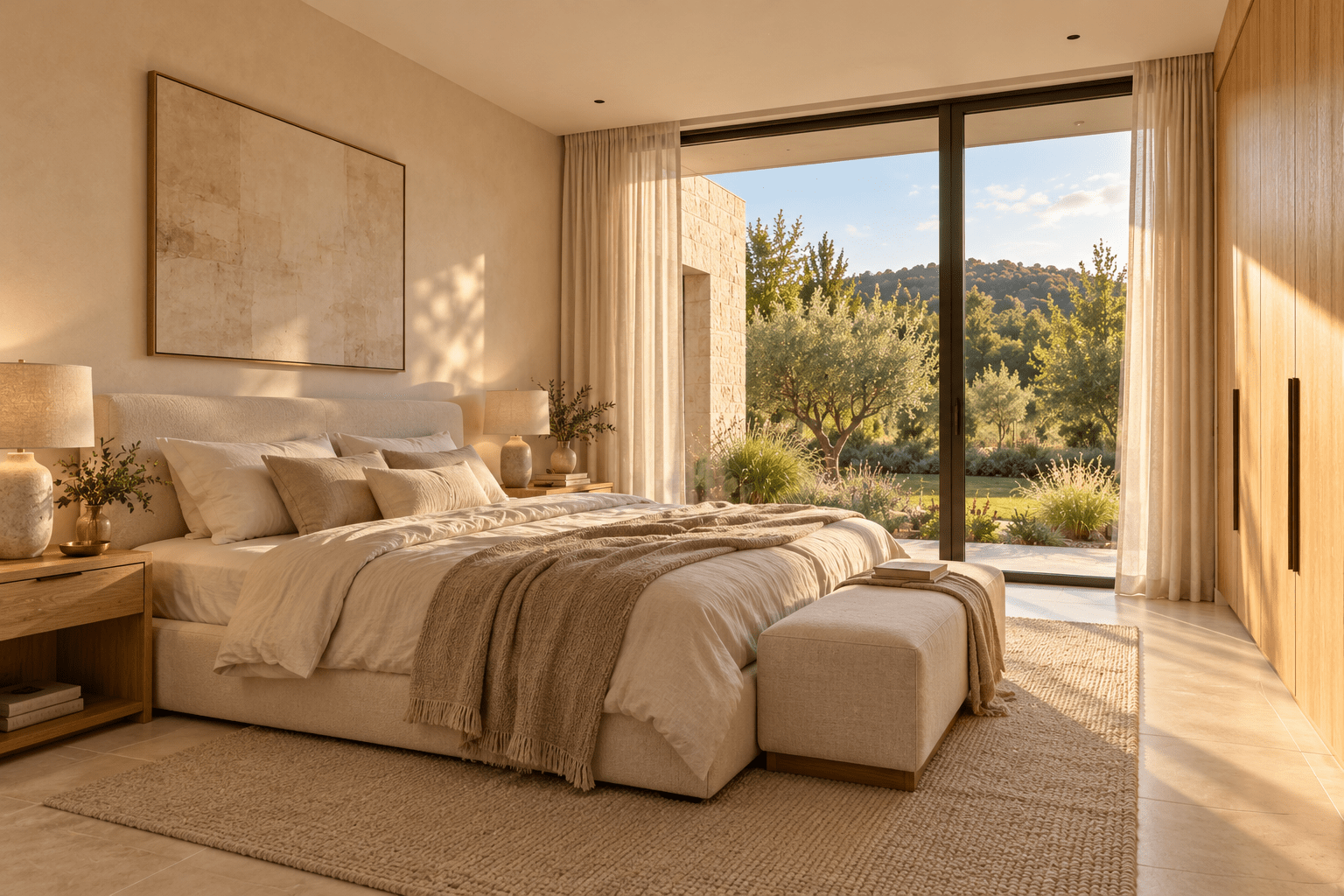Dormitorio de tonos naturales con textiles claros y acceso visual al jardín