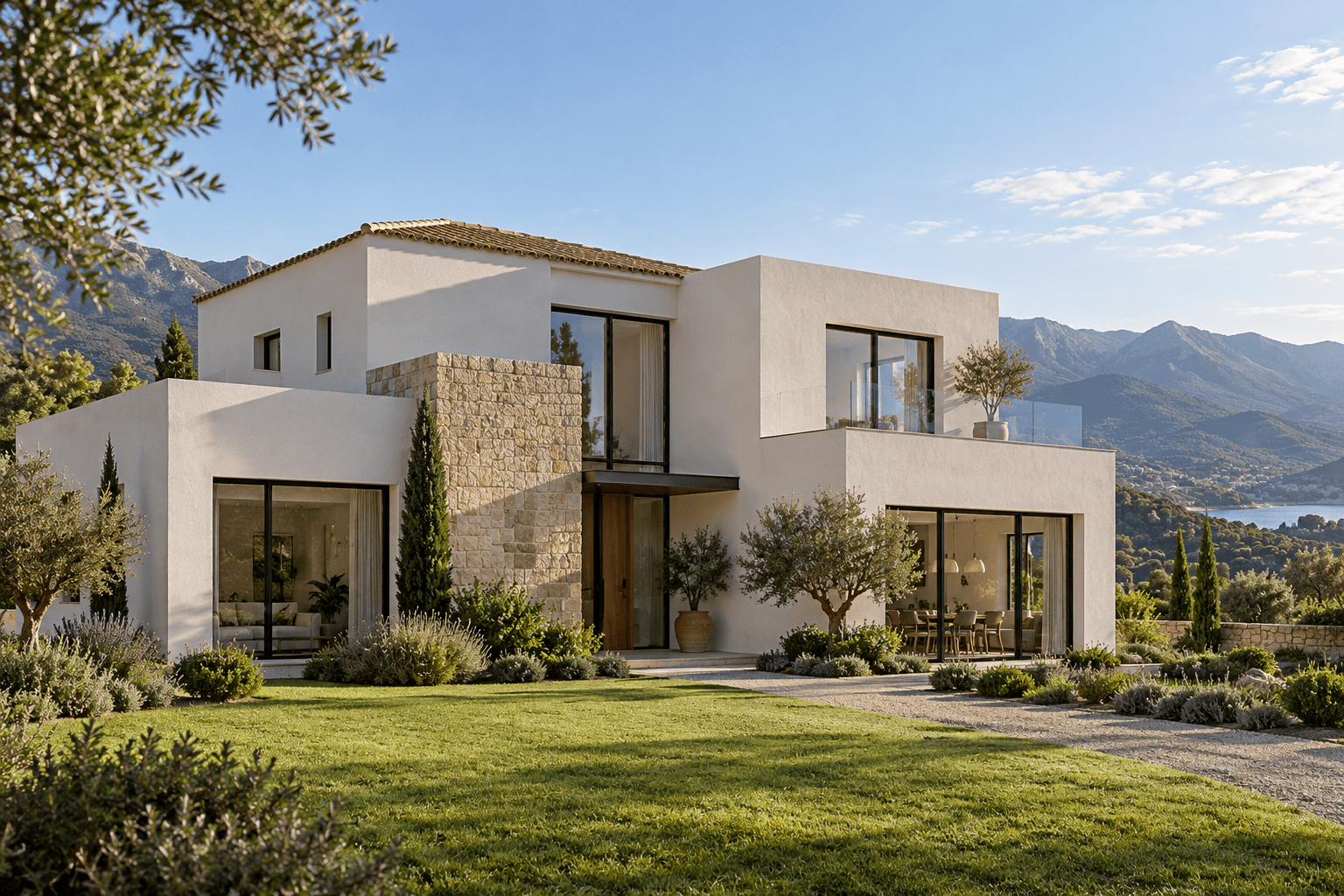 Vivienda contemporánea de volúmenes blancos con detalles de piedra