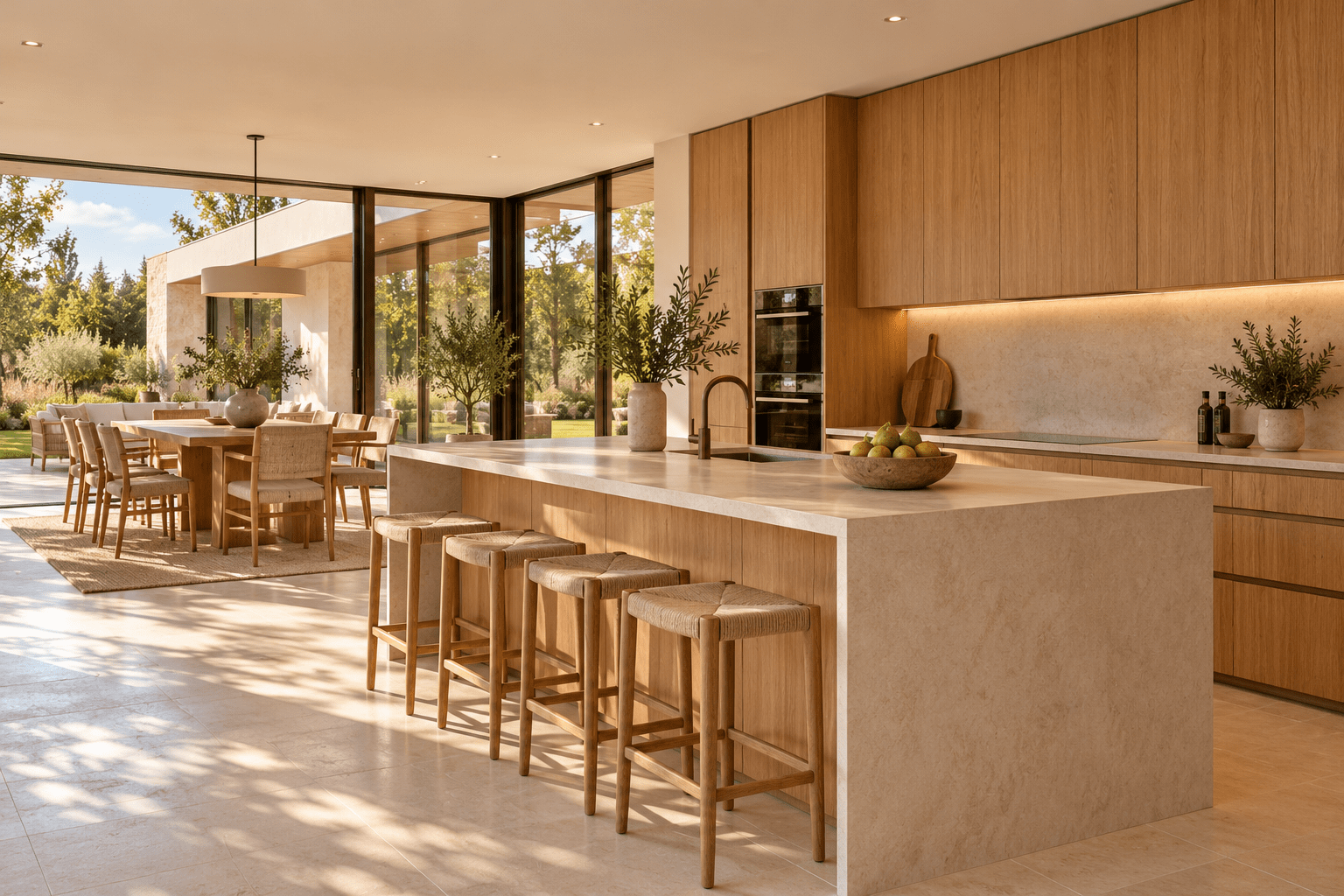 Cocina terminada con isla de piedra clara y mobiliario de madera, imagen de inspiración