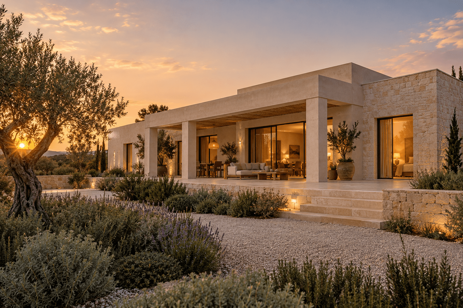 Vivienda mediterránea con porche abierto al jardín e iluminación cálida