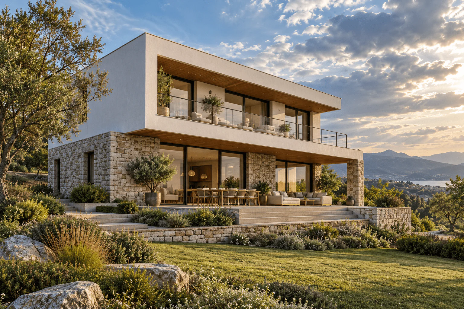 Inspiración de vivienda personalizada con piedra, grandes ventanales y terraza