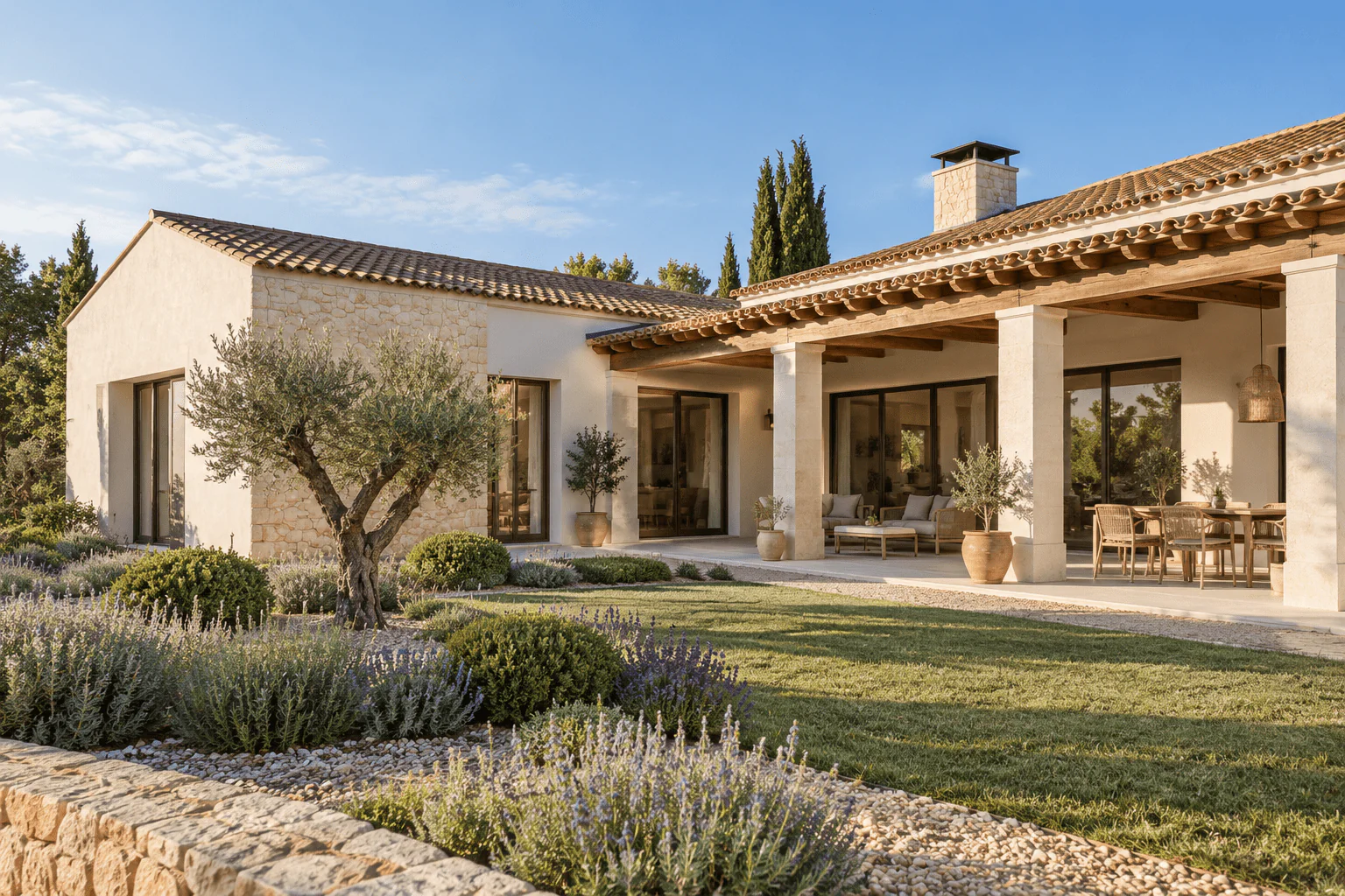 Vivienda de una planta con porche de teja y jardín mediterráneo